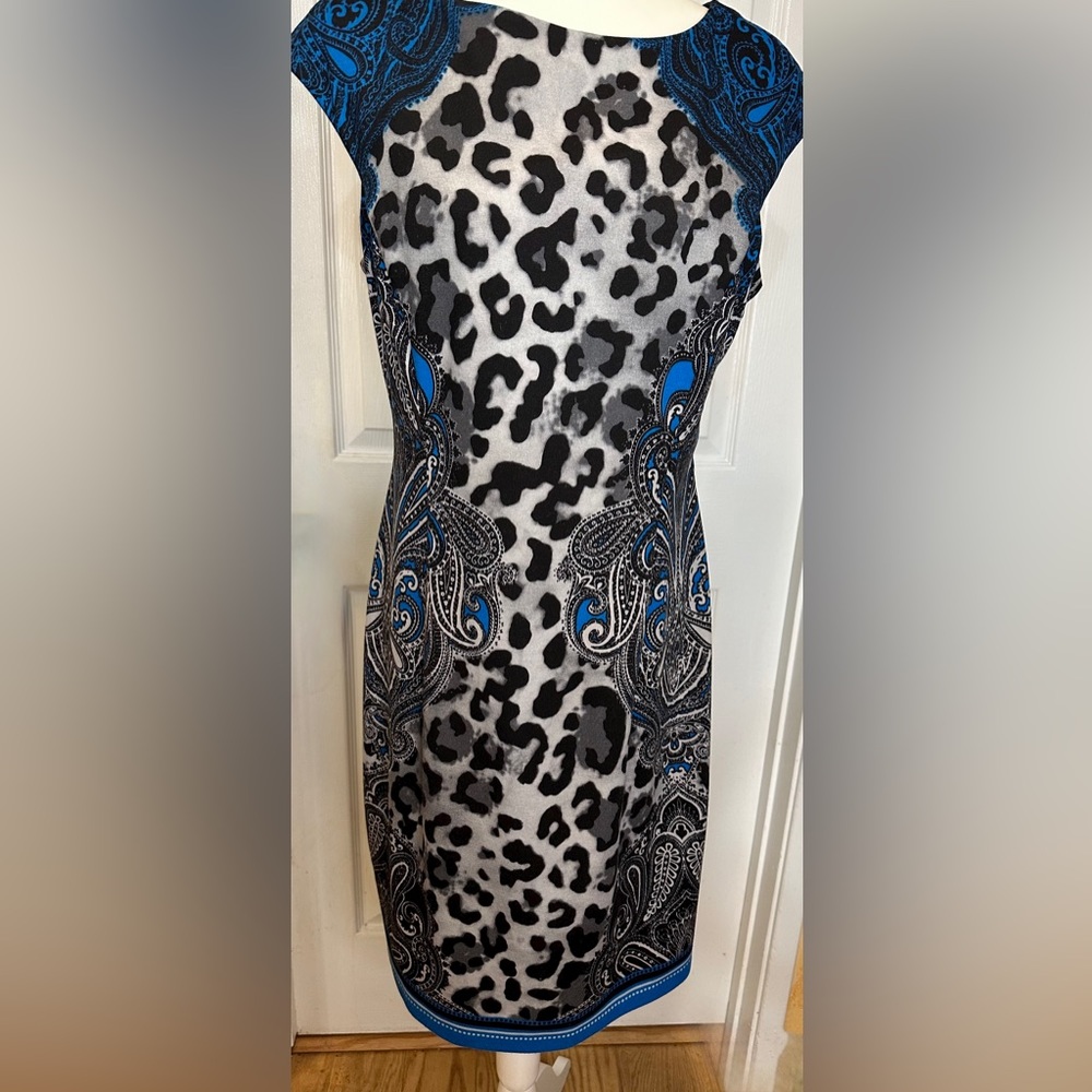 Maggi London Dress Animal Print Gray Black Teak Blue Cap Sleeve Size 14